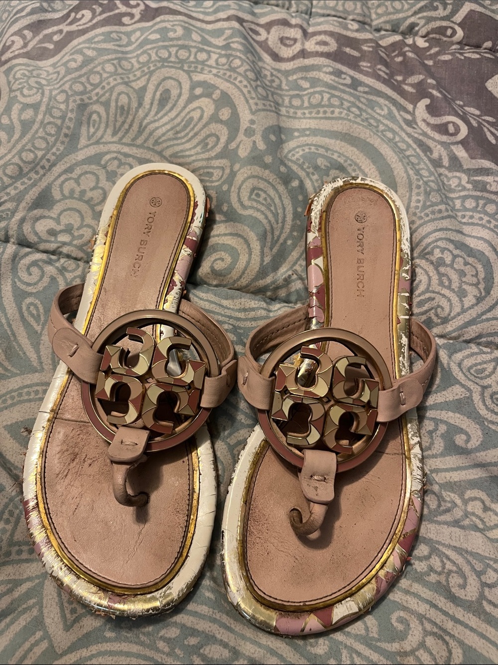 Tory Burch Blush Pink Leather Logo Thong Sandals